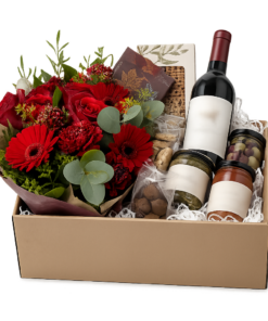 Eksklusiv gavekurv med buket, delikatesser og gaveæske i moderne kraftboks