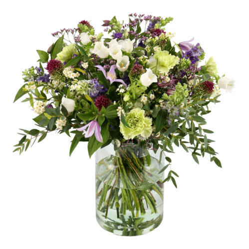 Nordisk Harmoni overdådig buket med sæsonens blomster i elegant vase