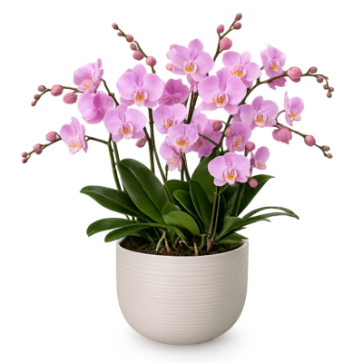 Pink og lilla Phalaenopsis orkidéer i elegant potte – Orkidédrøm luksuriøs orkidésamling