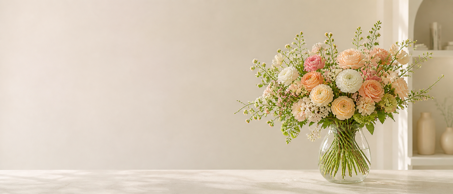 Elegant buket i glasvase med fersken, hvide og rosa blomster på lys baggrund