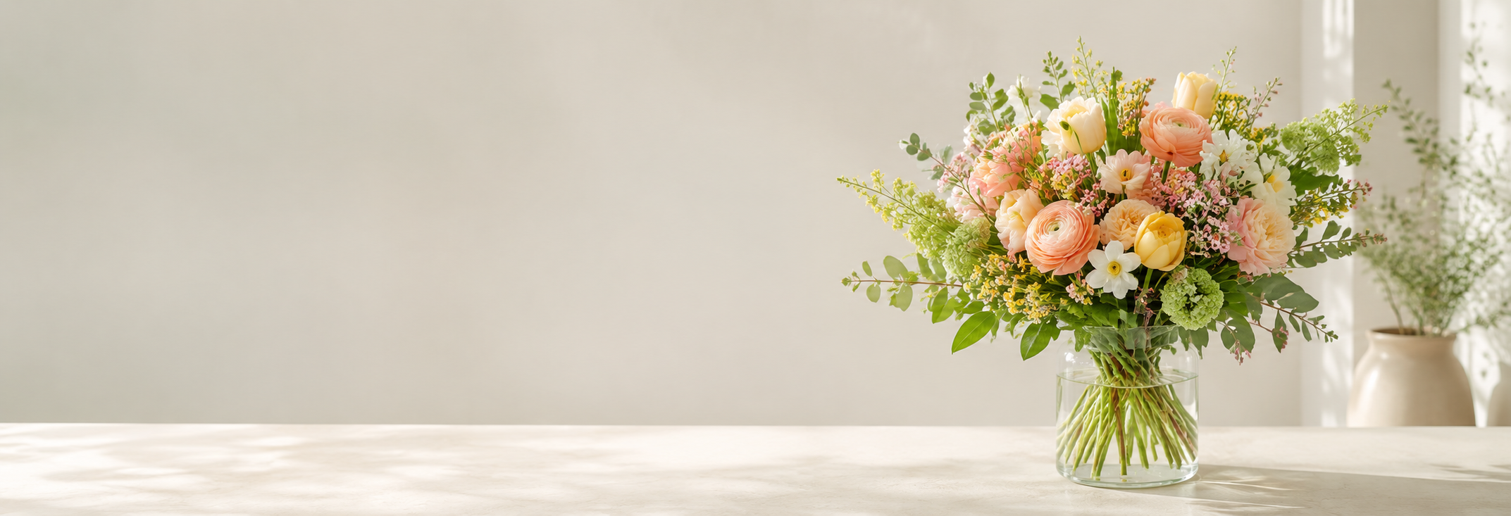 Forårsbuket i glasvase med lyse blomster og grønne detaljer til Netbuket.dk