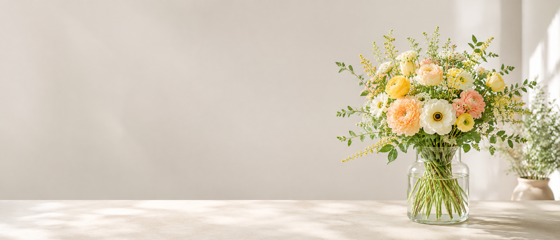 Forårsbuket i glasvase med gule, hvide og ferskenfarvede blomster til Netbuket.dk