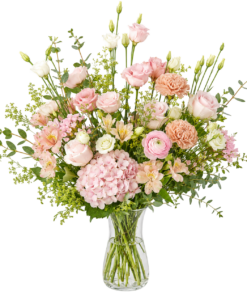 Allergivenlig høj buket Original med roser lisianthus hortensia og sæsonblomster