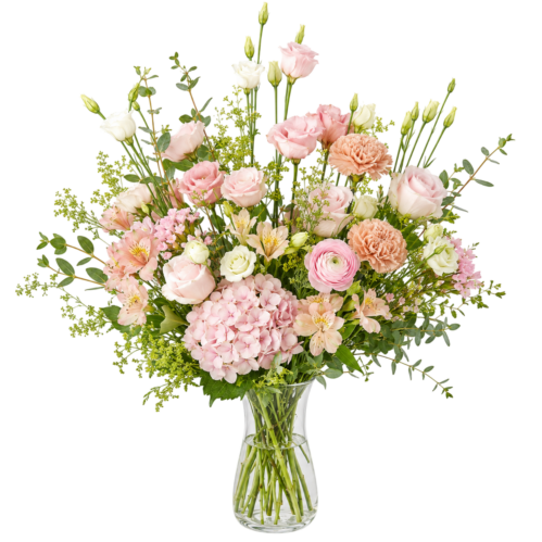 Allergivenlig høj buket Original med roser lisianthus hortensia og sæsonblomster